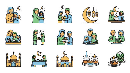 Set of Colorful Eid al-Fitr Icons with People and Mosques.