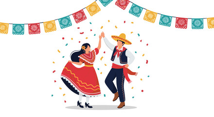 Obraz premium A vibrant illustration of a couple in traditional Mexican attire dancing joyfully at a fiesta under colorful papel picado banners.
