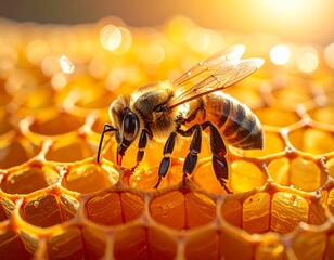 Close-up of a honeybee on a sunlit honeycomb, showing fuzzy body, wings, and hexagonal cells with golden light and bokeh background.