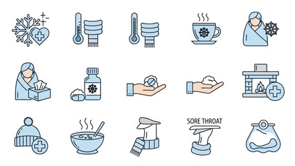 Set of Cold and Flu Symptoms and Remedies Icons.