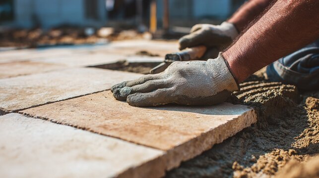 Craftsman carefully laying paving stones with gloved hands and tool. Construction of a beautiful patio, walkway or hardscape surface. Sunlight enhances the stonework.