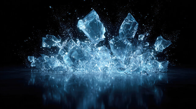 Dynamic background of broken ice in dark concept. Crystal clear ice shards breaking apart in a splash of water.