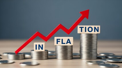 Inflation graph with rising red arrow and coin stacks on wooden table with a shallow focus effect and a blue background conveying a financial mood.