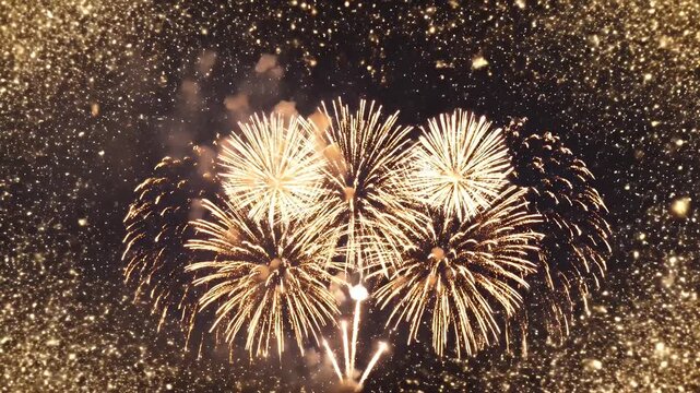Festive Golden Fireworks Display - This video captures a vibrant fireworks display against a dark night sky, framed by shimmering golden bokeh.