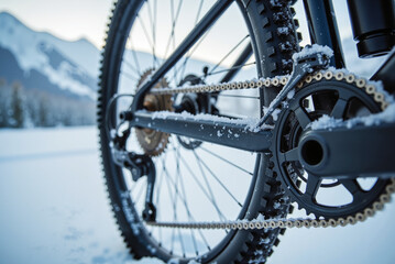 Mountain Bicycle Gear Close-up &ndash; Icy Mechanical Details for Winter Sports Photography and Cycling Enthusiast Blogs