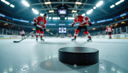Fototapeta premium Hockey Puck on Frosty Ice – Dramatic Arena Lighting for Winter Sports Photography and Athletic Competition Presentations