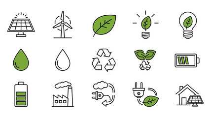 Renewable Energy and Ecology Icons Set Illustrating Sustainable Environmental Concepts.