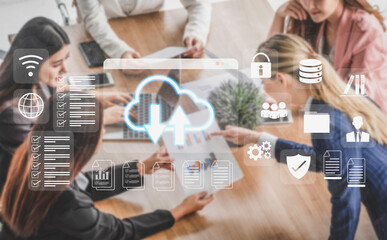 Cloud upload and download icon with surrounding data management, security, and analytics icons in digital interface Parse