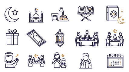 Ramadan Icons Set Illustrating Islamic Culture and Traditions.