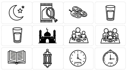 Ramadan Icons Set for Islamic Celebration and Fasting.
