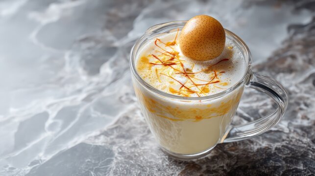 A pitcher of exotic lassi rests tilted on polished granite, creamy froth glowing with saffron strands. A single lychee