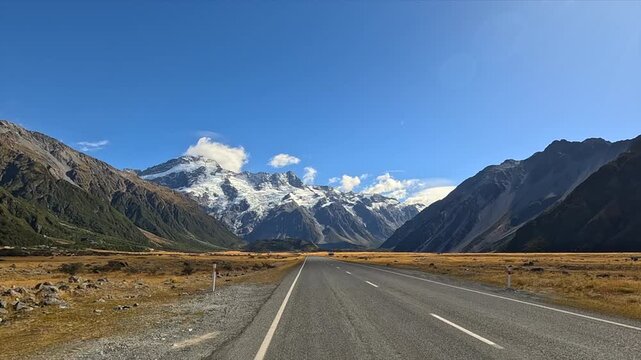 Picturesque Road to Mount Cook Aoraki in New Zealand on a Sunny Day