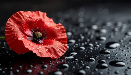 Red poppy with water drops on dark surface for art