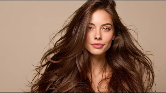 Gorgeous young lady with sleek, chestnut hair gazing directly at the lens as her locks sway in the breeze, showcasing a luscious and full hairstyle against a neutral background