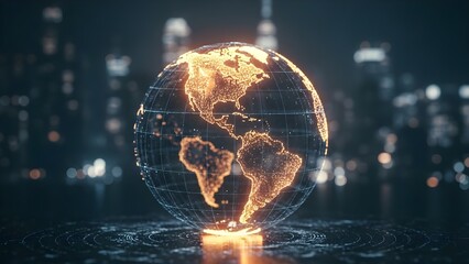 Glowing 3D wireframe globe with illuminated orange continents on a pedestal against a blurred cityscape at night with a dark background.