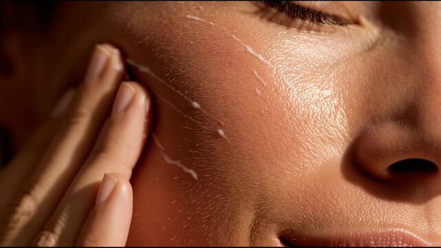 Close up of woman gently applying moisturizing spf sunscreen to her cheek in sunlight, demonstrating daily facial skincare routine for hydrated, protected, and healthy looking skin