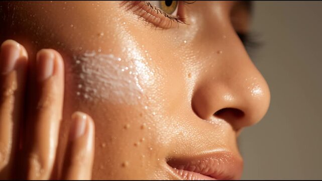 Youthful woman gently massaging exfoliating scrub onto her cheek, showcasing glowing, healthy skin during a soothing facial routine that emphasizes natural beauty and skincare care