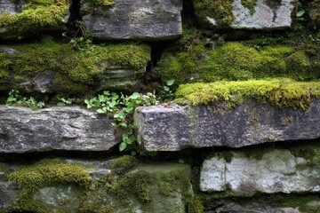 Moss and plants grow on a stone wall in a garden during the daytime