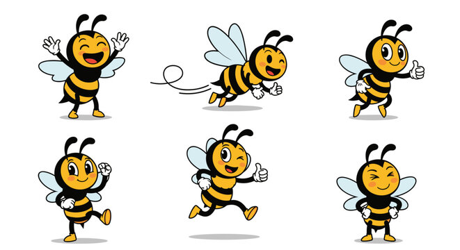Set of Six Adorable Cartoon Bees in Various Poses and Expressions.