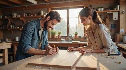 Woodworking Couple Measuring Wooden Board in Workshop for Craftsmanship Blogs and Small Business Marketing