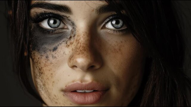 Close up portrait of a stunning woman with freckles and smudged face paint, gazing confidently at the camera with her striking blue eyes, exuding a sense of determination and fortitude