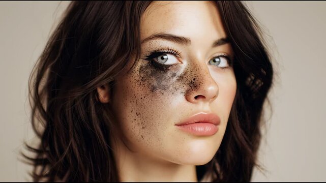 Portrait of a beautiful young woman with blue eyes crying, her smudged black mascara running down her cheek, looking directly at the camera with a sad and brokenhearted expression