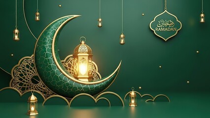 Ramadan Kareem Crescent Moon Lanterns and Islamic Decorations.