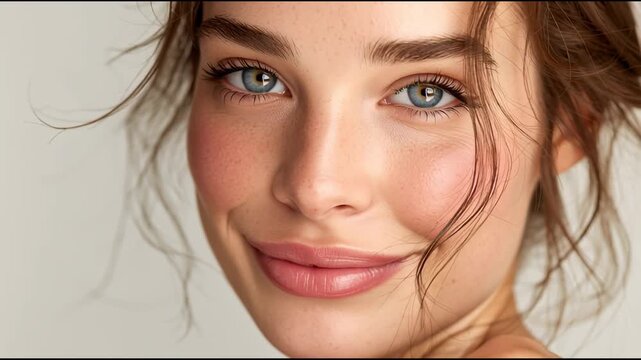 Extreme close up of a charming woman's face with clean skin and natural makeup looking at the camera, her hair gently blowing in the wind against a white background in a studio setting