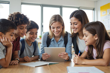 Teacher and Students Watching Educational Video on Tablet – Diverse Classroom Group Learning Together for Online Education and Digital Lessons