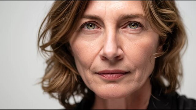 Close up studio portrait of a confident and beautiful middle aged woman looking directly at the camera, showing her natural skin with wrinkles and fine lines, isolated on a white background