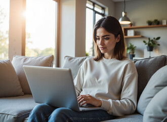 Naklejka premium Professional Woman Working on Laptop – Home Office Setup on Cozy Sofa for Freelance Lifestyle and Remote Work Concepts