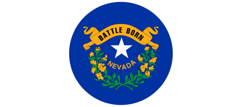 Nevada state seal featuring a white star, 'Battle Born' banner, and 'Nevada' text, surrounded by foliage on a blue circular background.