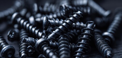 The Screws: Close-up pile of black metal screws with dramatic lighting and texture