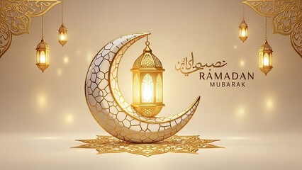 Ramadan Mubarak Crescent Moon and Lantern Islamic Celebration Background.