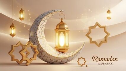 Ramadan Mubarak Crescent Moon and Lantern Islamic Celebration.