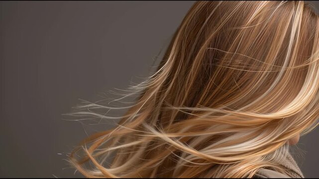 Profile view of a stunning woman with long blonde hair blown by wind, glossy highlights and smooth, healthy strands against a sleek gray backdrop, evoking beauty and haircare