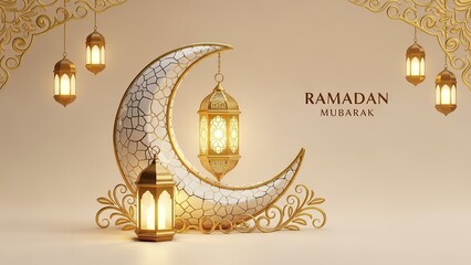 Ramadan Mubarak Crescent Moon and Lanterns Festive Islamic Celebration.