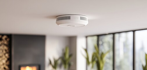 The smoke detector on a modern living room ceiling near fireplace and windows