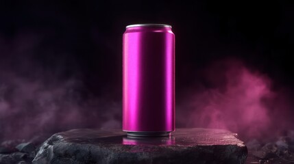 A soda can resting upright on polished obsidian slab, glowing vibrant magenta. Reflections amplify brilliance below. Mist rises subtly,