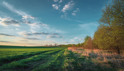 Obraz premium 春の丘陵に広がる花と青空の風景
