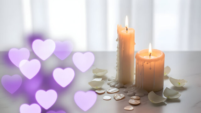 romantic candlelit setting with floating purple heart bokeh effects and rose petals for intimate