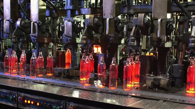 Glass factory, production of glass containers. Molten glass is blown into molds. Robotics in industry. Modern technologies, robotic machines produce products. Technological work at the plant.