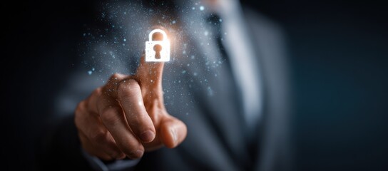 Finger touches glowing digital padlock against dark background