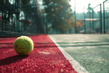 Close up of a tennis ball on a court surface outdoors.