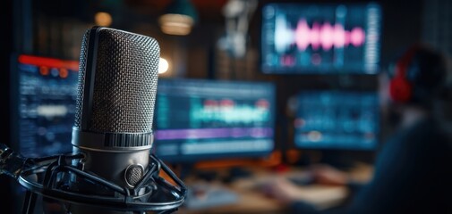 The microphone in a modern podcast studio with blurred audio engineer and monitors