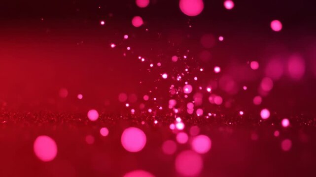Glowing pink bokeh lights on a dark red glittery background with sparkling effect