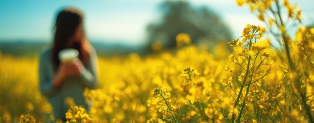 The Field of Yellow Flowers with a Blurred Person Holding a Cup in Spring Sunshine
