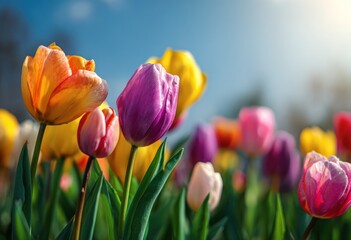 Colorful tulips bloom brightly against a blurred blue sky background.
