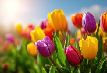 Colorful tulips bloom brightly under a sunny blue sky background.