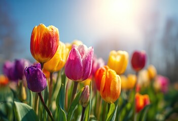 Colorful tulips bloom brightly under a sunny blue sky background.